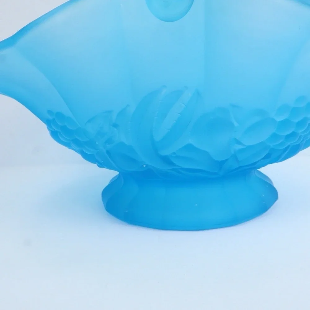VTG Satin Blue Indiana‎ Glassware Raised Fruits Design Basket Decorative MCM